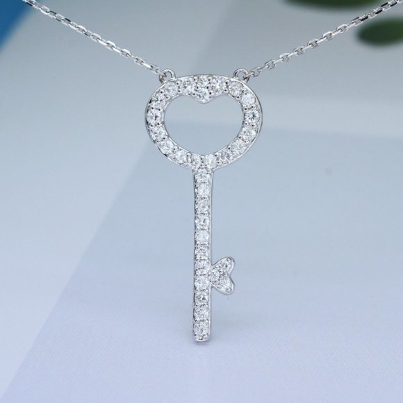 🌸 Key Hollow Heart CZ Dainty Micro Pave Beautiful Necklace for Women, EVGG1060 - Picture 3 of 5